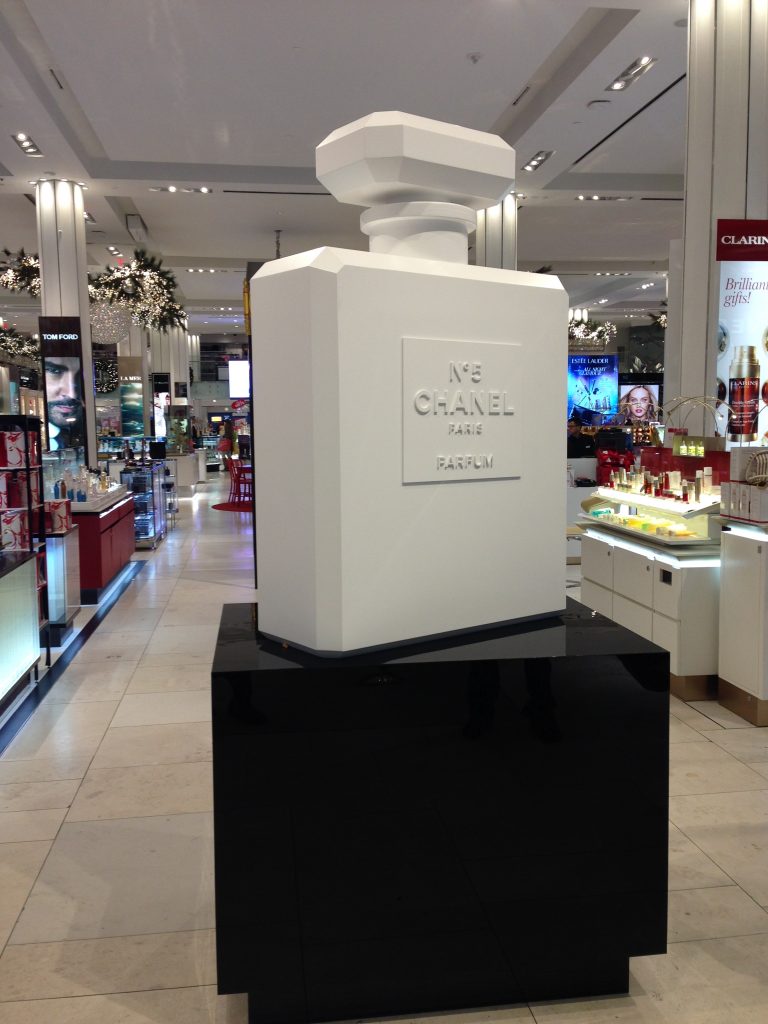 Visual Citi has worked with Chanel on numerous projects. This is one of our favourites! We created a larger than life perfume bottle of the iconic Chanel No5 Parfum bottle. The sculptued bottle was made from a resin mold and then finished with a matte white finish. We shipped and installed these around North America.