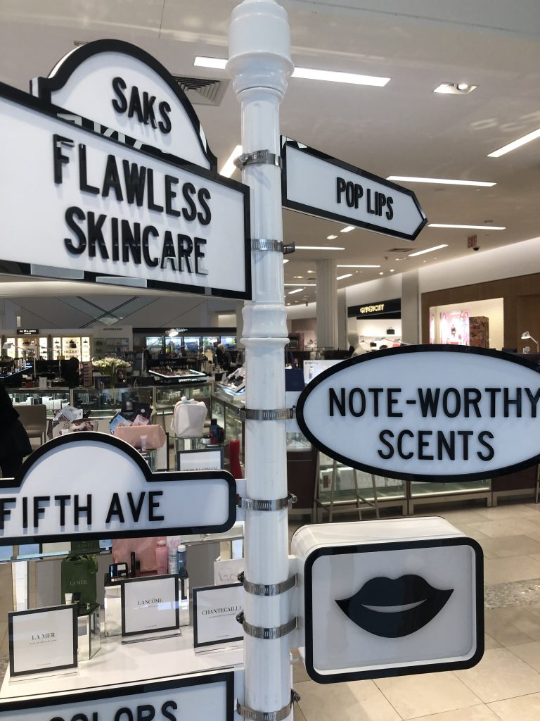 We created a signpost for Saks 5th Avenue beauty department. Our team of skilled craftspeople created the signpost by 3D printing each section and then joininig it. We love the great use of tone of voice on the signs - those little touches really help bring a project to life.