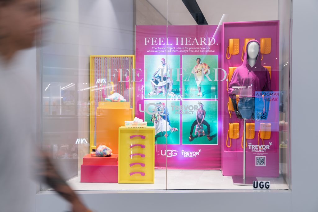 Visual Citi helped deliver UGG's colorful Pride windows through selected stores in North America. We created molded phones from resin that we then painted in bright colors from the Pride flag. Visual Citi created high gloss painted plinths to display product on. We also printed and installed window graphics for the scheme.